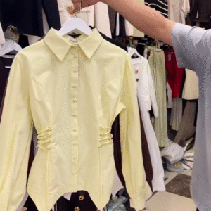 Fresh & Stylish: Yellow Gathered Poplin Shirt with Lace-Up Details