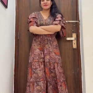 Graceful Elegance: Maxi Dress with Layered Frill Sleeves and Cinched Waist