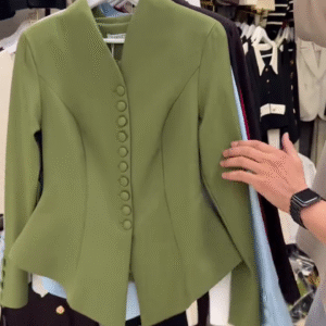 Power Chic: Structured Green Blazer with Elegant V-Neckline