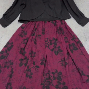 Chic Harmony: Black Button-Down Top with Maroon Floral Skirt