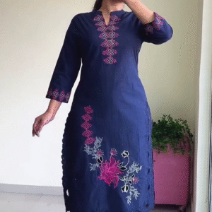 Elegant Tradition: Dark Blue Ethnic Co-Ord Set with Pink Floral Embroidery
