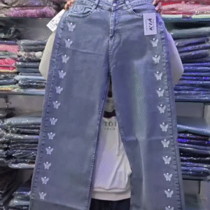 Playful Chic: KIA Wide-Leg Blue Denim Jeans with Butterfly Embellishments