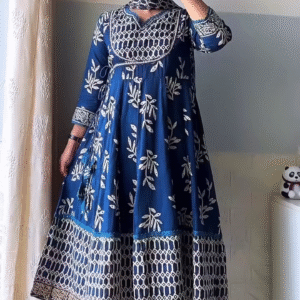 Elegant Navy Blue Cotton Angrakha Kurta Set with Handcrafted Floral Prints – Ethnic Charm Meets Comfort