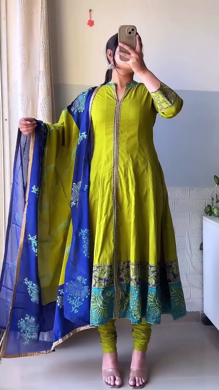 Elegant Navy Blue Cotton Angrakha Kurta Set with Handcrafted Floral Prints – Ethnic Charm Meets Comfort - Image 3