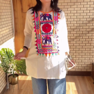 Chic White Tunic Top with Vibrant Handcrafted Embroidery – Effortless Style Meets Artistic Flair