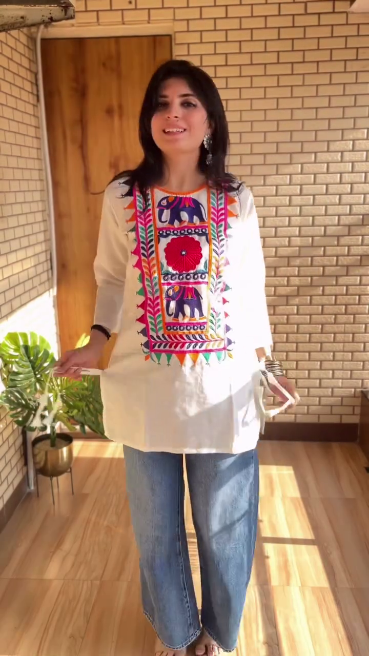 Chic White Tunic Top with Vibrant Handcrafted Embroidery – Effortless Style Meets Artistic Flair