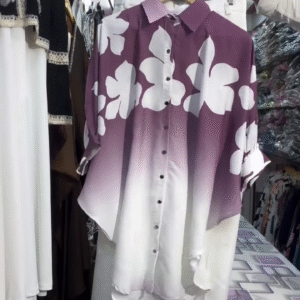 Purple & White Floral Print Button-Down Tunic Co-Ord Set – Elegant Two-Piece Style