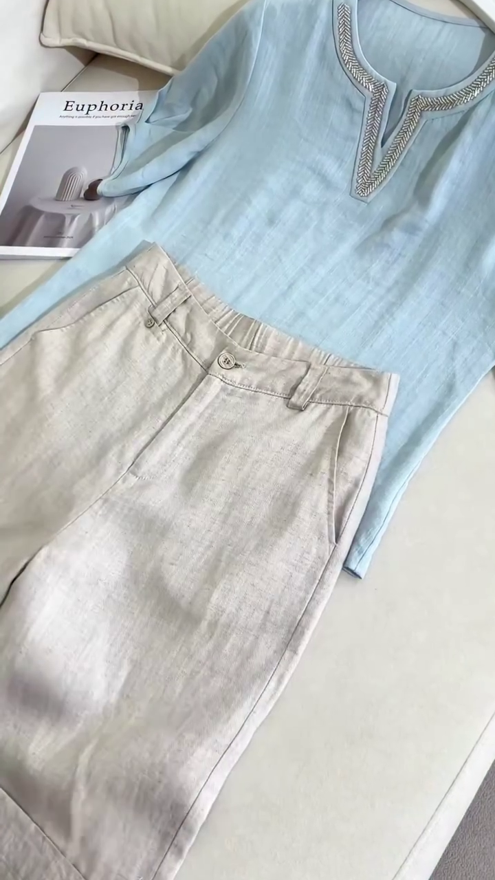 Effortless Light Blue Linen Blouse & Neutral Linen Trousers Co-Ord Set – Chic Minimalist Style