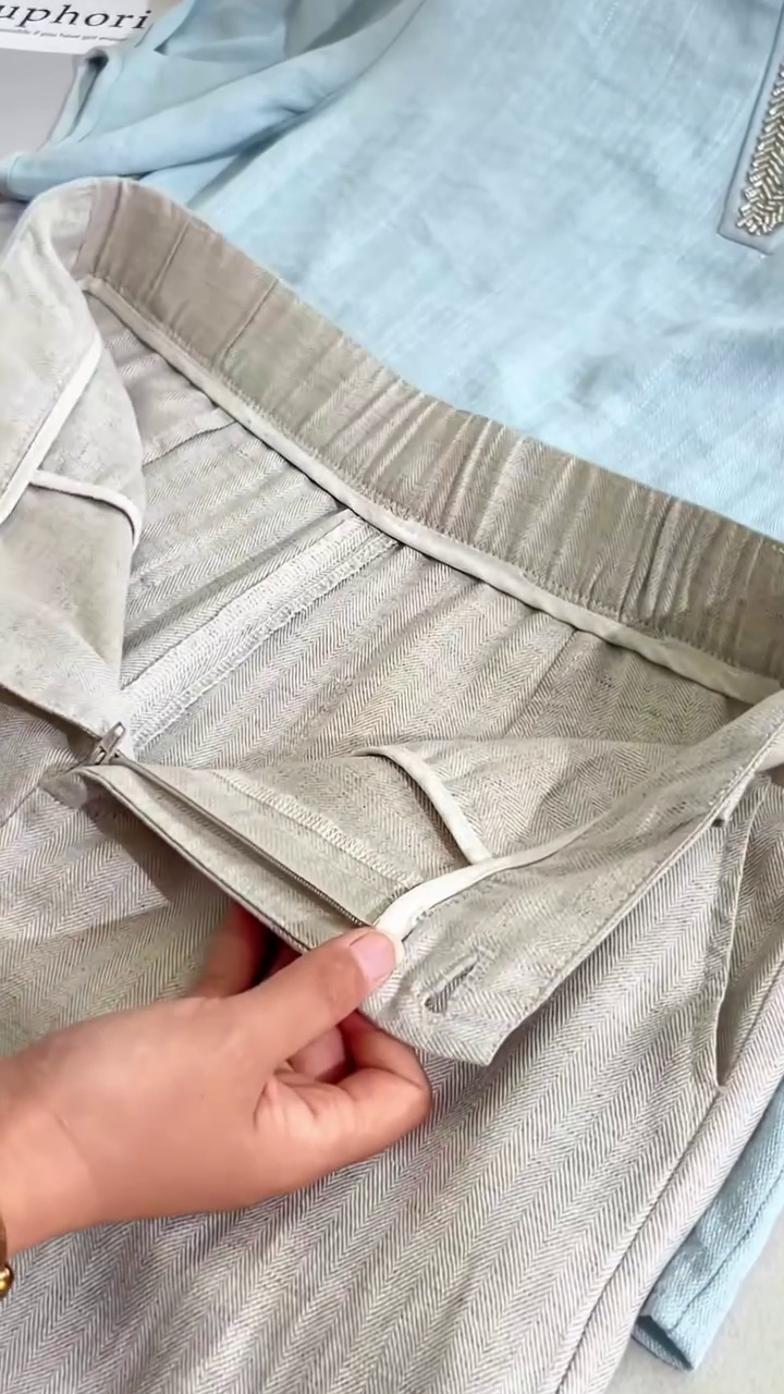 Effortless Light Blue Linen Blouse & Neutral Linen Trousers Co-Ord Set – Chic Minimalist Style - Image 6