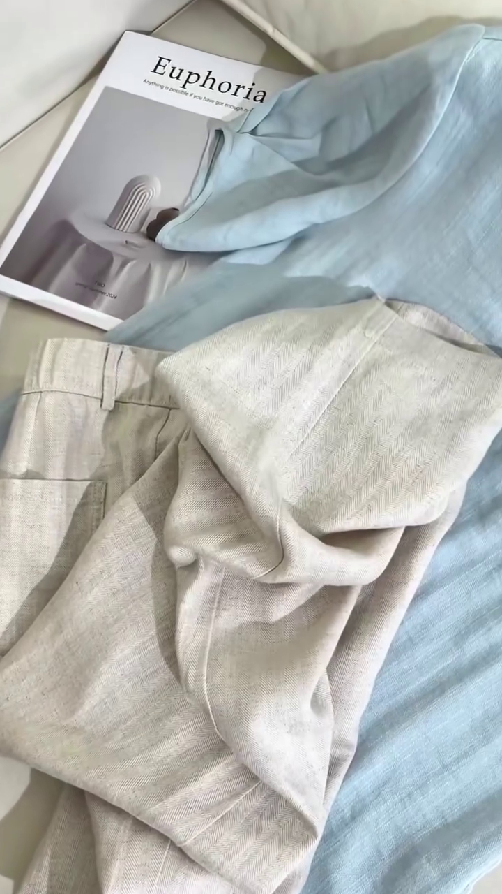 Effortless Light Blue Linen Blouse & Neutral Linen Trousers Co-Ord Set – Chic Minimalist Style - Image 5