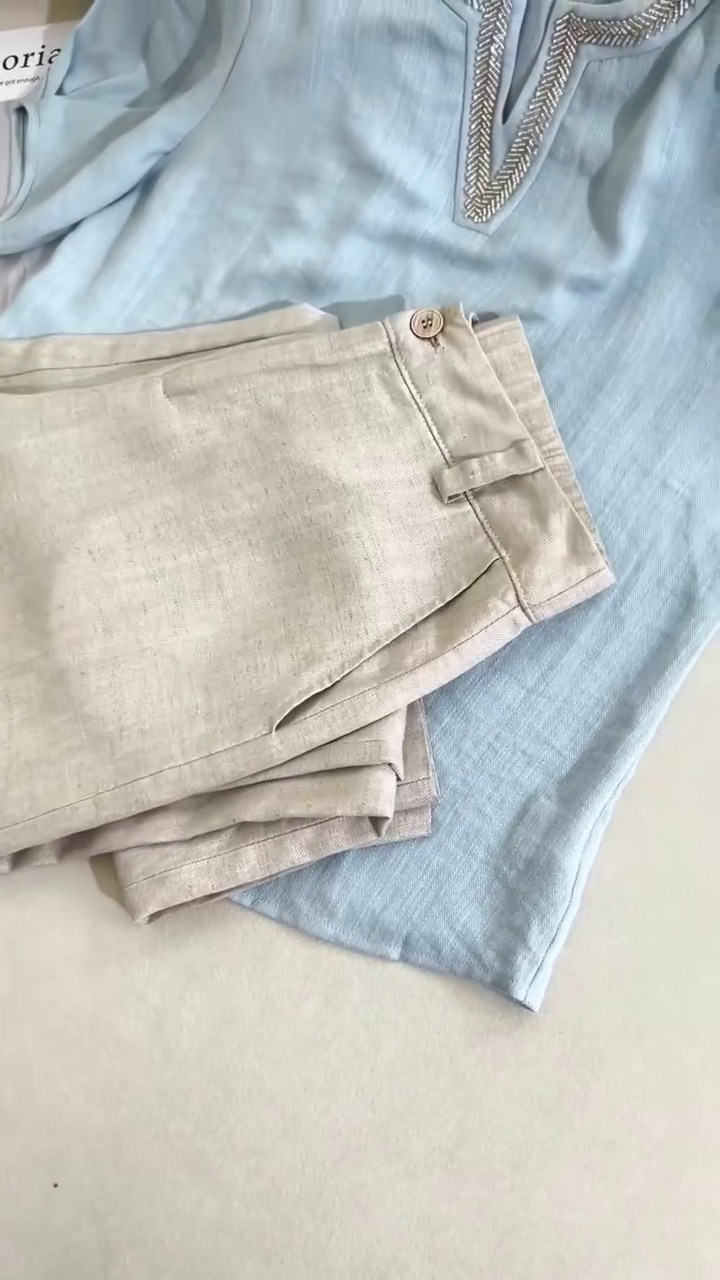 Effortless Light Blue Linen Blouse & Neutral Linen Trousers Co-Ord Set – Chic Minimalist Style - Image 4
