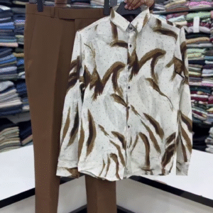 “Modern Sophistication: White Abstract Print Shirt with Brown Trousers” 🤍🤎👔
