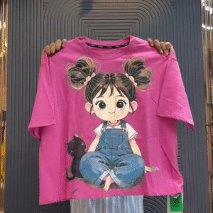 “Cute & Comfy: Pink Oversized Tee with Cartoon Girl & Black Cat Print” 🐱💖👕