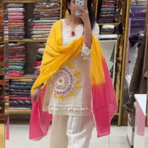 Elegant White Ethnic Suit Set with Yellow Dupatta – Graceful Festive & Everyday Wear for Timeless Style