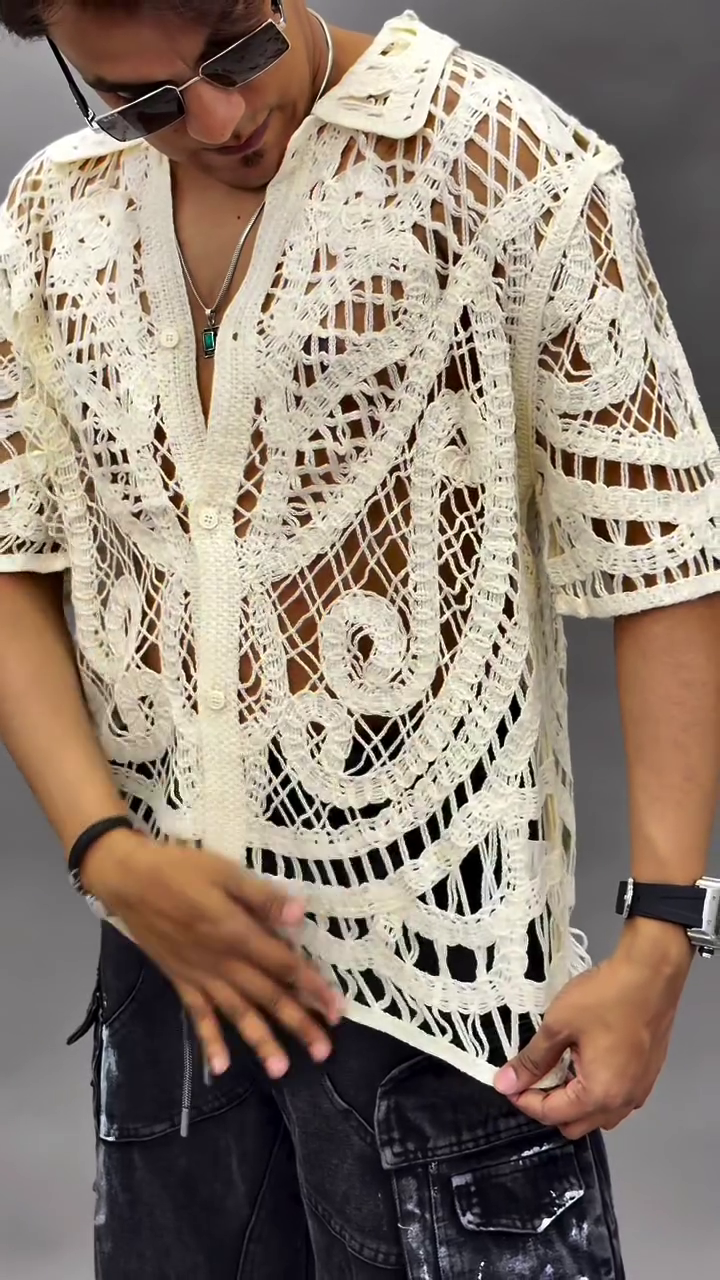 Trendy Men’s Crochet Mesh Shirt – Stylish, Breathable & Perfect for Modern Casual Looks - Image 2