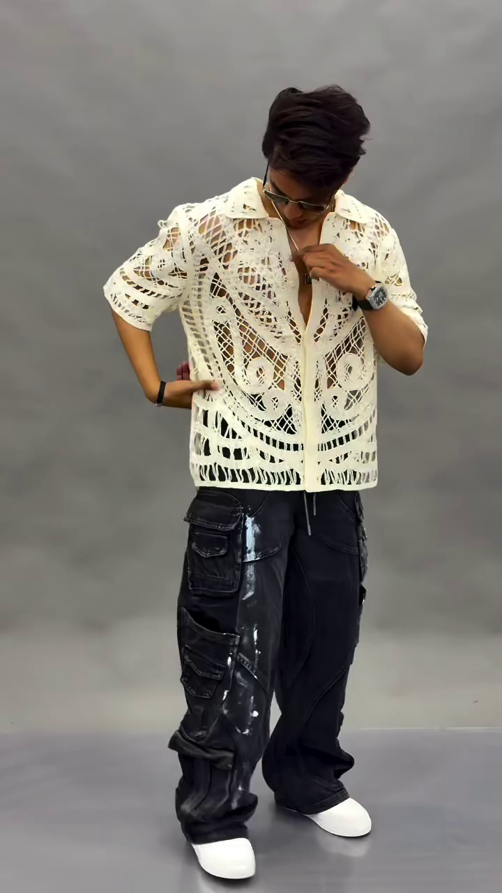 Trendy Men’s Crochet Mesh Shirt – Stylish, Breathable & Perfect for Modern Casual Looks - Image 3