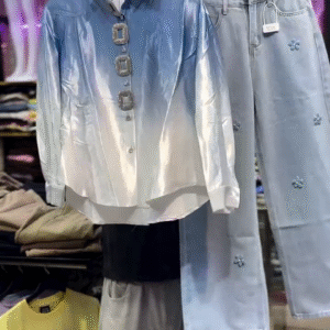 ✨ Luxe Shine Co-ord Set: Statement Shirt with Embellished Denim Elegance