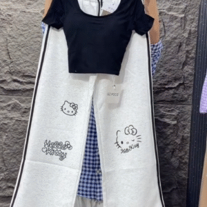 Cute Meets Comfort: Trendy Black Crop Top & Hello Kitty Lounge Pants Set