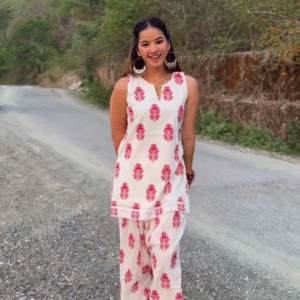 🌸 Elegant White & Pink Printed Kurti Set – Fresh Ethnic Charm for Everyday Grace 💖