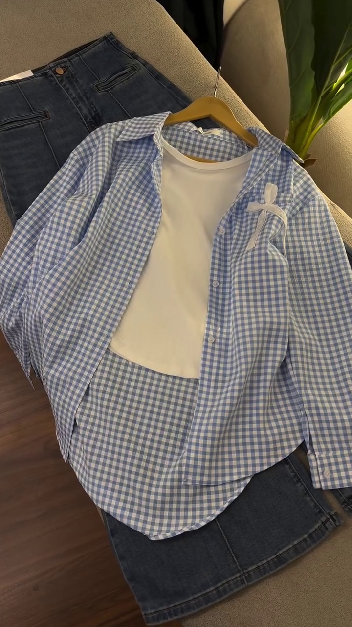 Effortlessly Chic Blue Check Shirt & Denim Skirt Set – Your Everyday Style Upgrade - Image 2