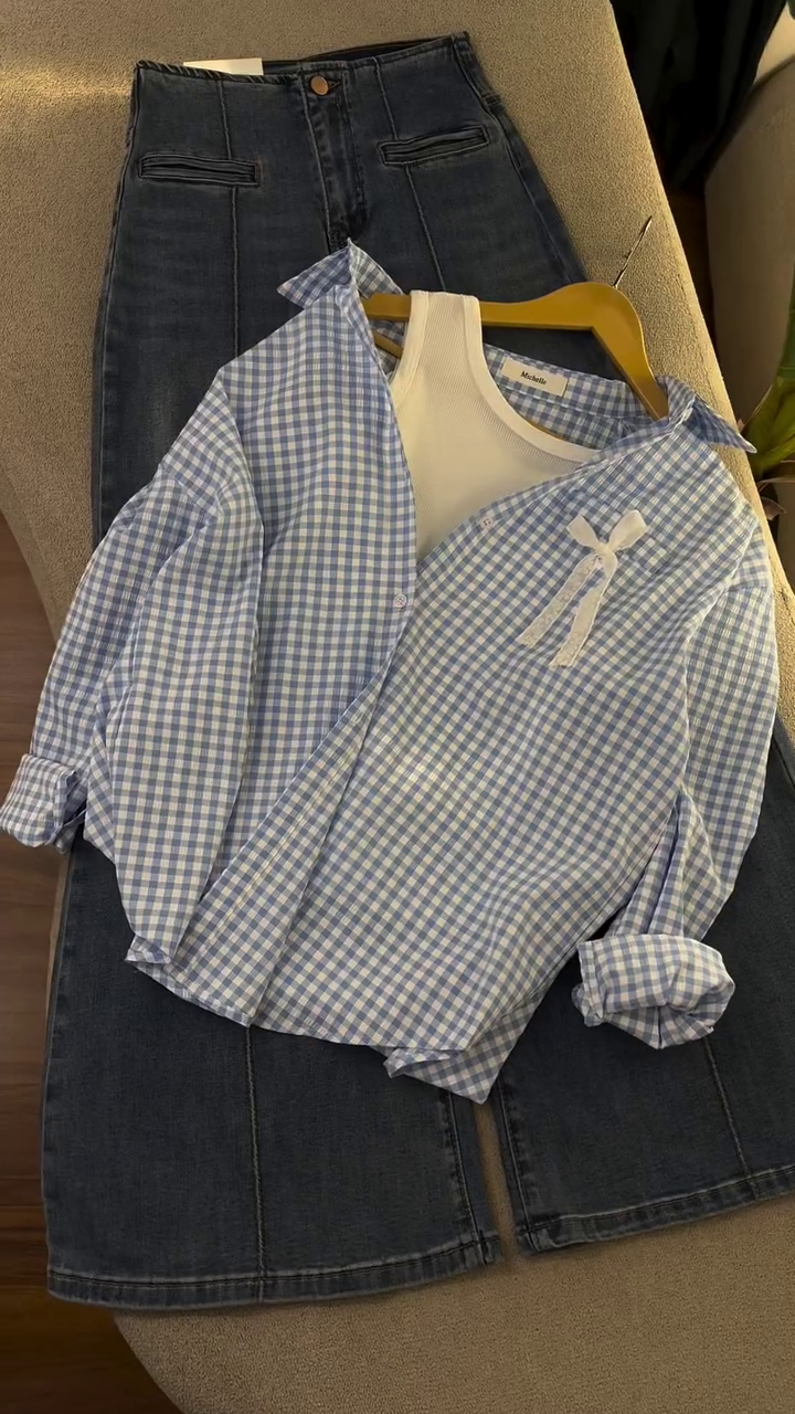 Effortlessly Chic Blue Check Shirt & Denim Skirt Set – Your Everyday Style Upgrade - Image 3