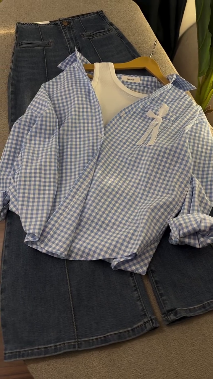 Effortlessly Chic Blue Check Shirt & Denim Skirt Set – Your Everyday Style Upgrade