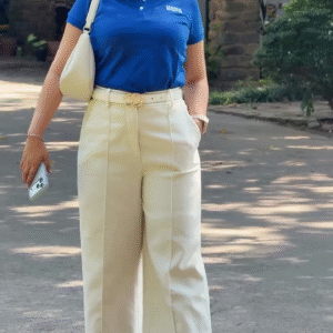 Blue Polo & Cream Wide-Leg Pants Combo for Smart Casual Perfection