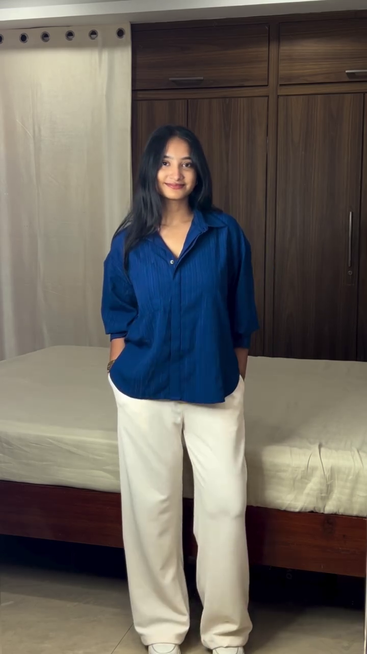 Minimal Elegance: Navy Blue Shirt & Cream Wide-Leg Pants – The Perfect Everyday Chic Look - Image 2