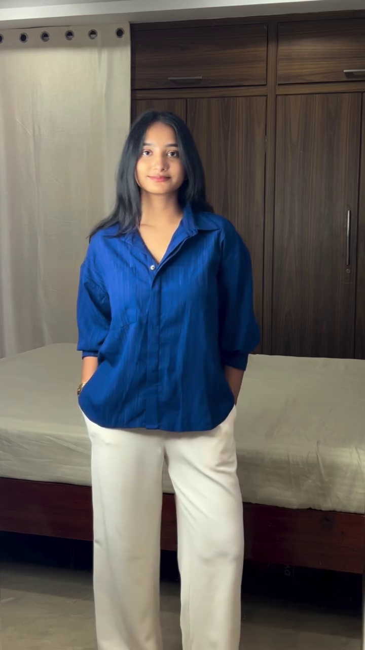 Minimal Elegance: Navy Blue Shirt & Cream Wide-Leg Pants – The Perfect Everyday Chic Look - Image 3