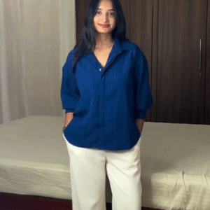 Minimal Elegance: Navy Blue Shirt & Cream Wide-Leg Pants – The Perfect Everyday Chic Look