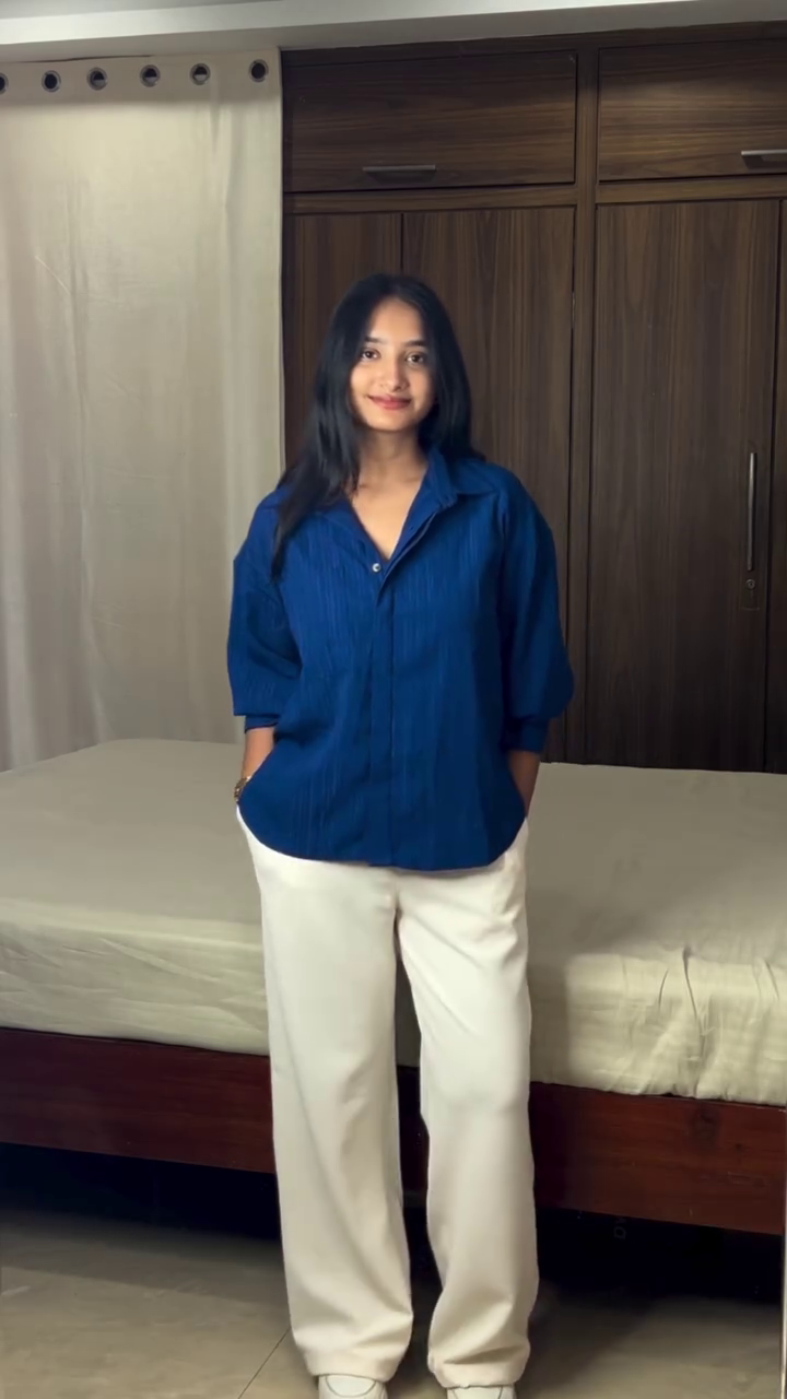 Minimal Elegance: Navy Blue Shirt & Cream Wide-Leg Pants – The Perfect Everyday Chic Look
