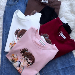 Cute Girl Embroidery Cotton T-Shirt