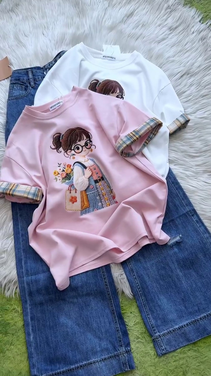Cute Girl Embroidery Cotton T-Shirt - Image 2