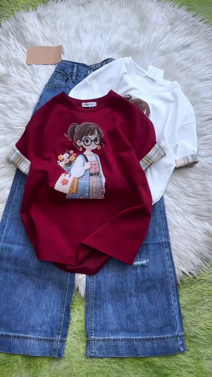 Cute Girl Embroidery Cotton T-Shirt - Image 3