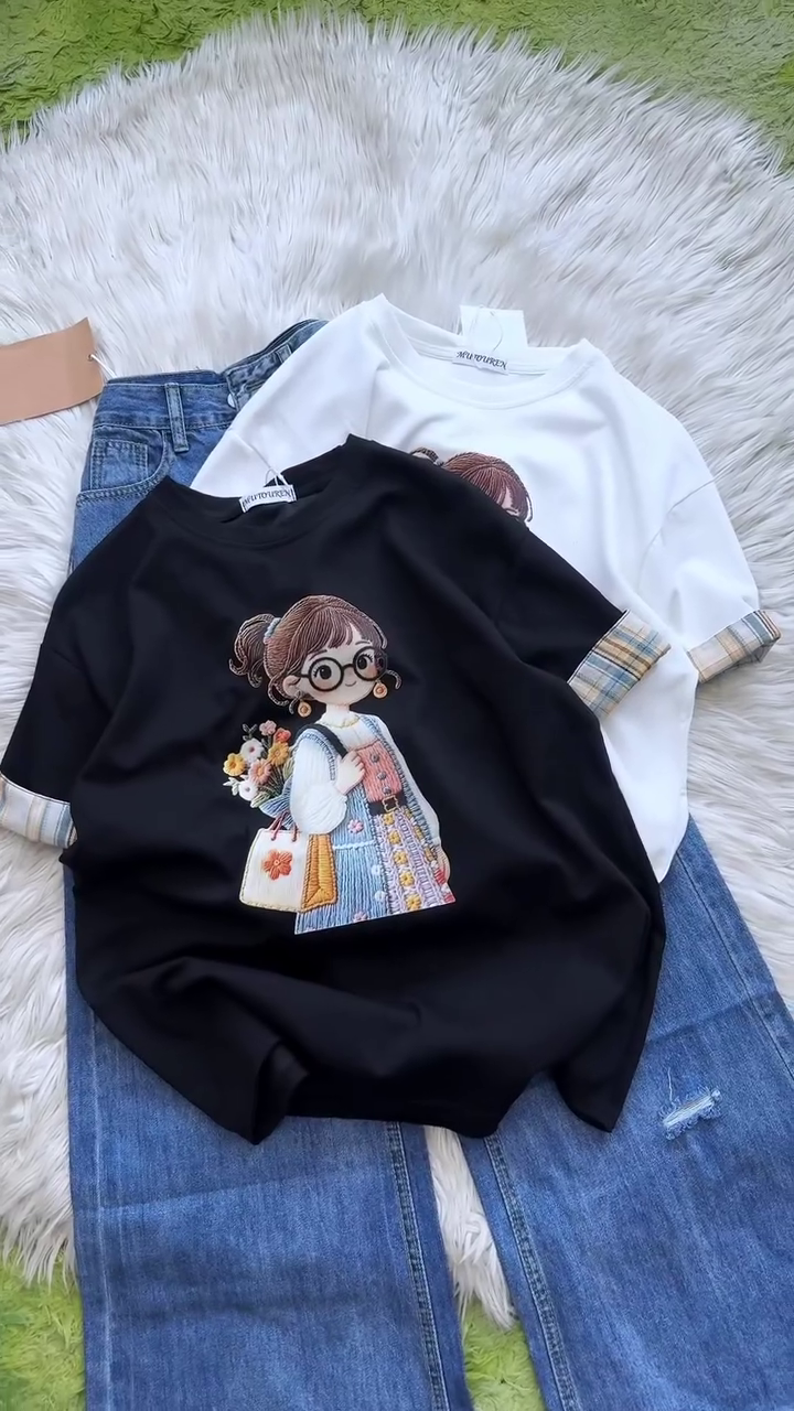 Cute Girl Embroidery Cotton T-Shirt - Image 4