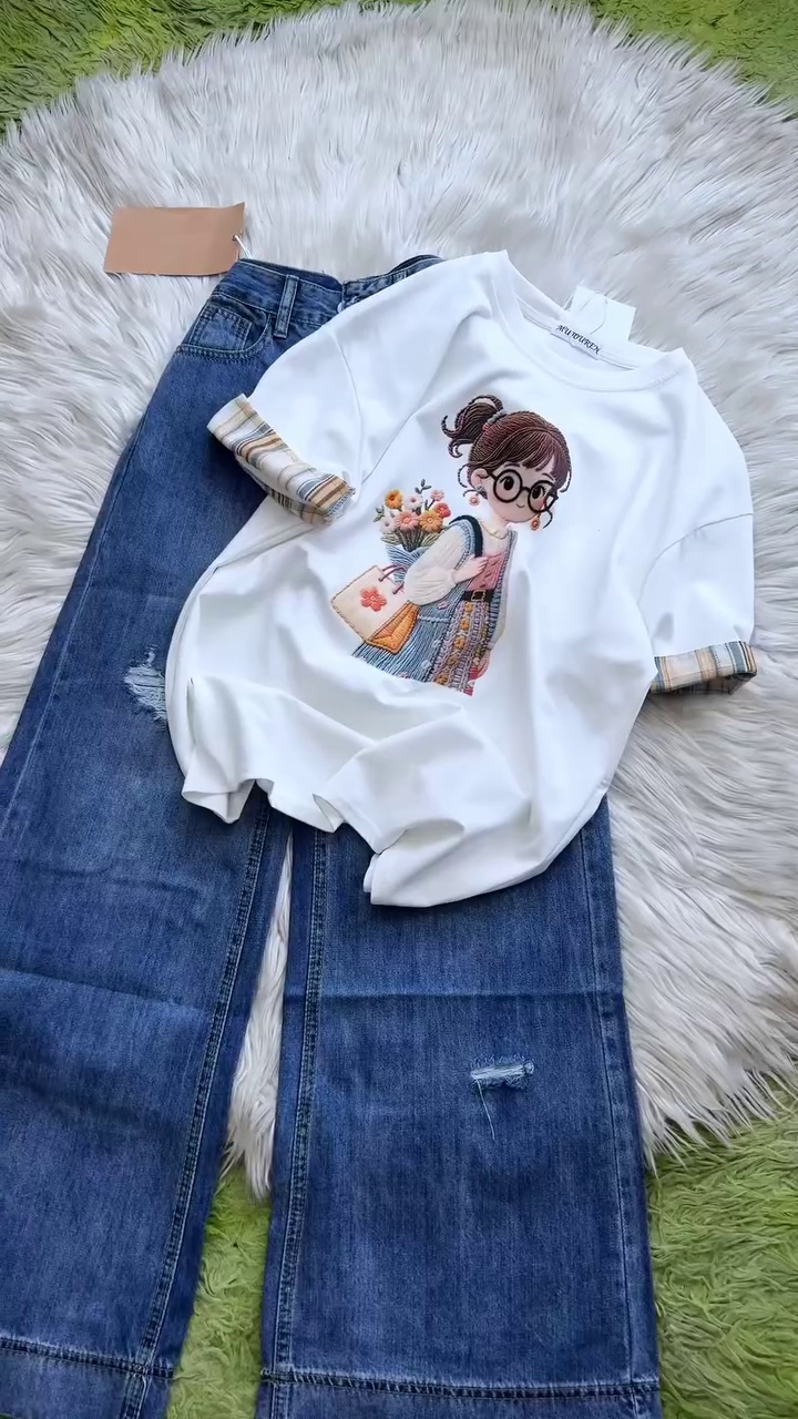 Cute Girl Embroidery Cotton T-Shirt - Image 5