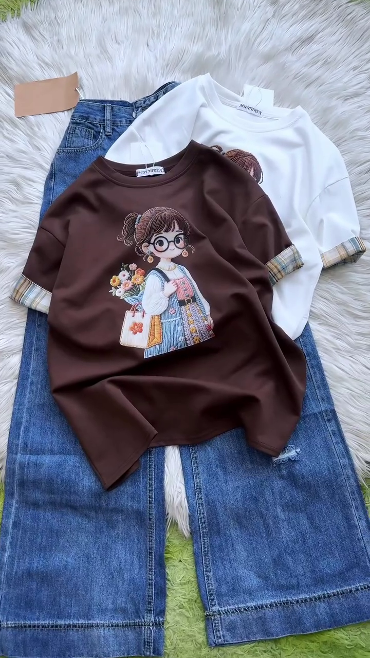 Cute Girl Embroidery Cotton T-Shirt - Image 6
