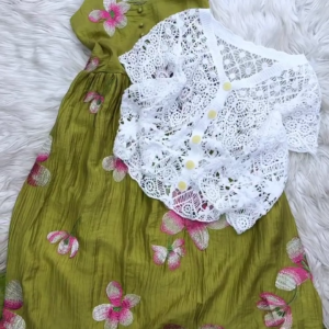 Elegant Floral Embroidered Spaghetti Strap Midi Dress with Crochet Cardigan