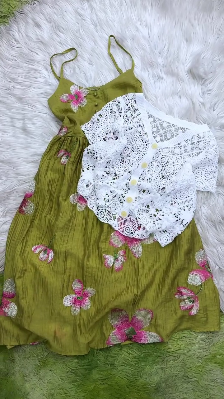 Elegant Floral Embroidered Spaghetti Strap Midi Dress with Crochet Cardigan