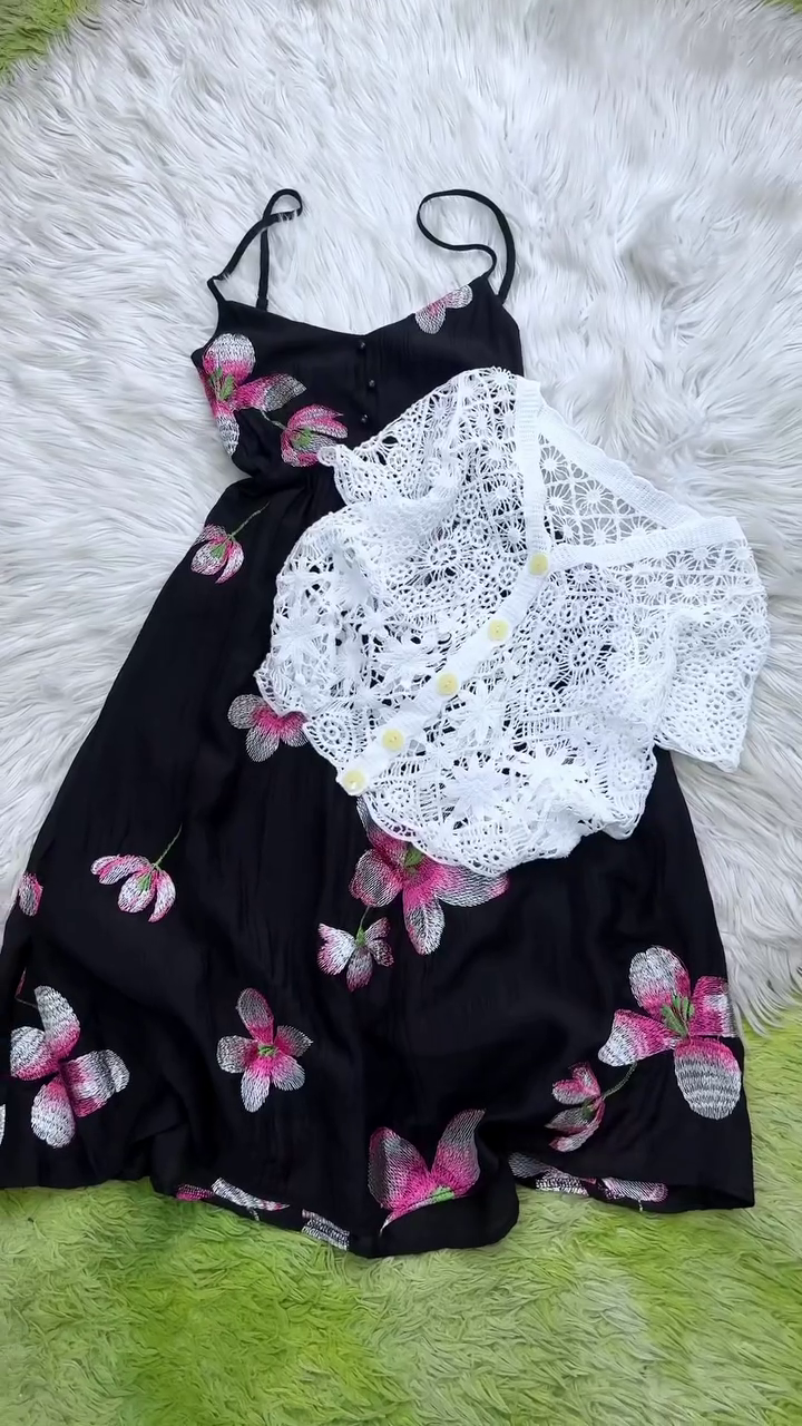 Elegant Floral Embroidered Spaghetti Strap Midi Dress with Crochet Cardigan - Image 3