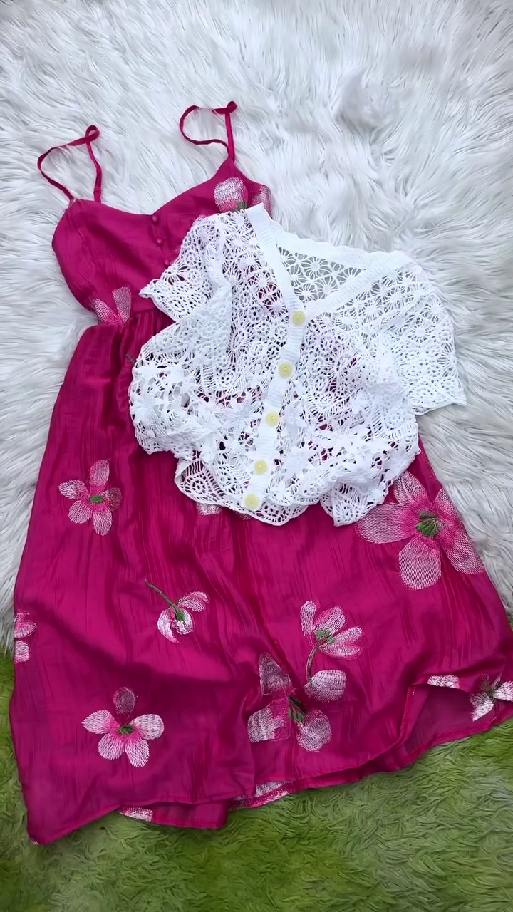 Elegant Floral Embroidered Spaghetti Strap Midi Dress with Crochet Cardigan - Image 2