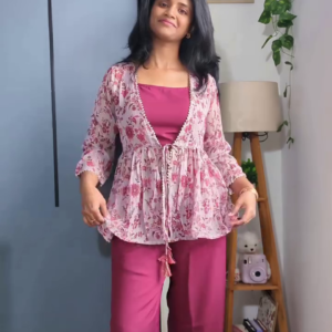 Women's Floral Printed 3-Piece Co-Ord Set – Stylish Shrug, Inner Top & Palazzo Set