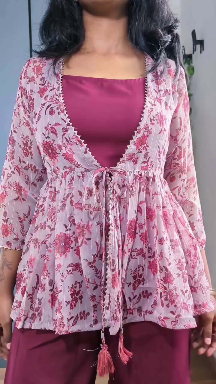 Women's Floral Printed 3-Piece Co-Ord Set – Stylish Shrug, Inner Top & Palazzo Set - Image 4