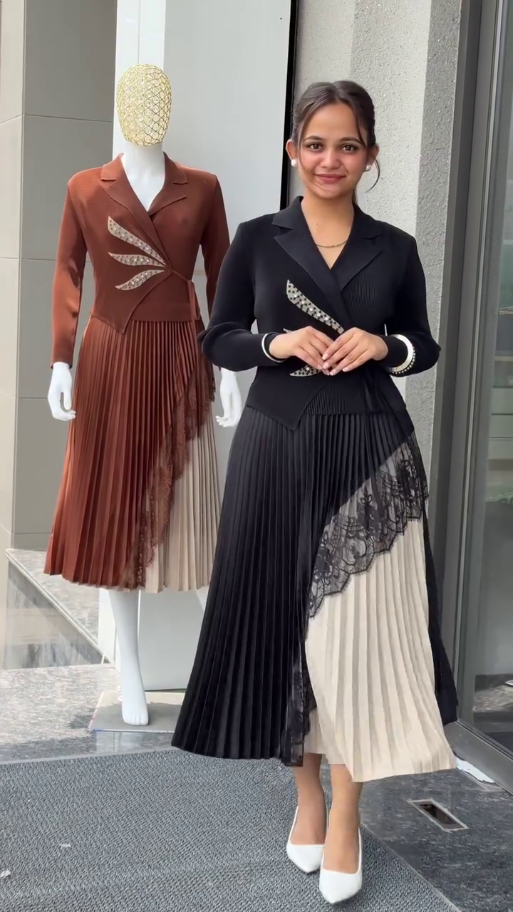 Women's Designer Pleated Midi Dress – Elegant Blazer Style Party & Evening Wear - Image 4