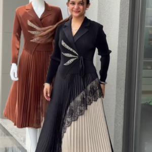 Women's Designer Pleated Midi Dress – Elegant Blazer Style Party & Evening Wear