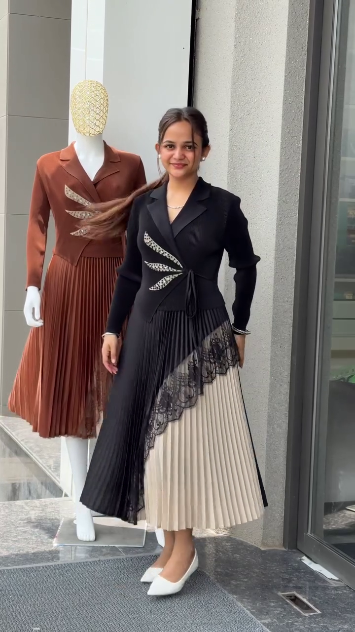Women's Designer Pleated Midi Dress – Elegant Blazer Style Party & Evening Wear