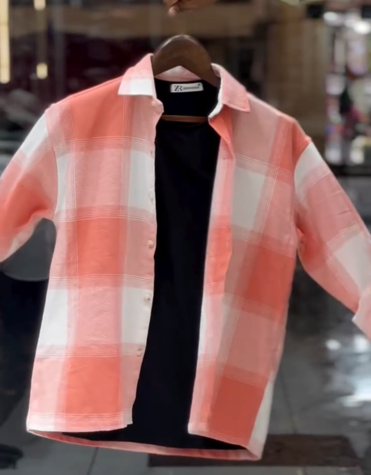 Men's Peach & White Oversized Checkered Casual Shirt | Premium Cotton Full Sleeve Streetwear - Image 2