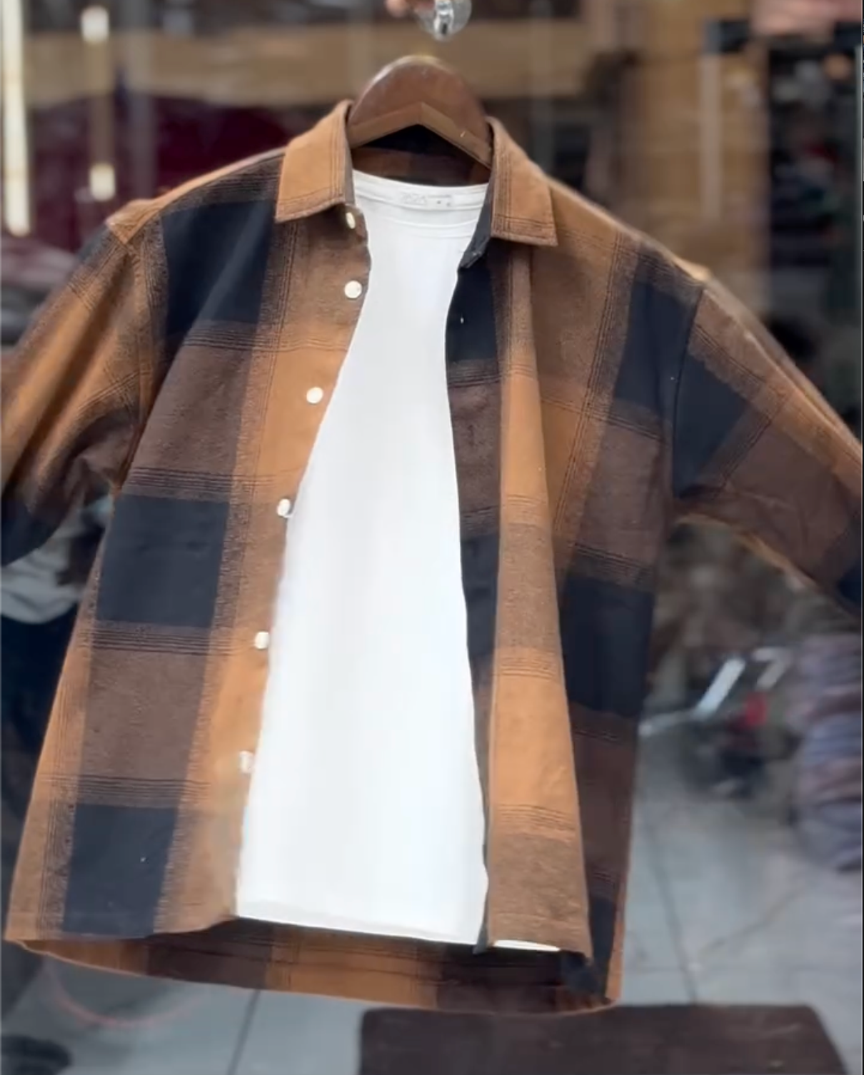 Men's Peach & White Oversized Checkered Casual Shirt | Premium Cotton Full Sleeve Streetwear - Image 4