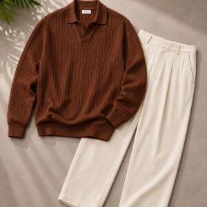 Men's Premium Brown Ribbed Polo Sweater & Off-White Straight Fit Trouser Combo