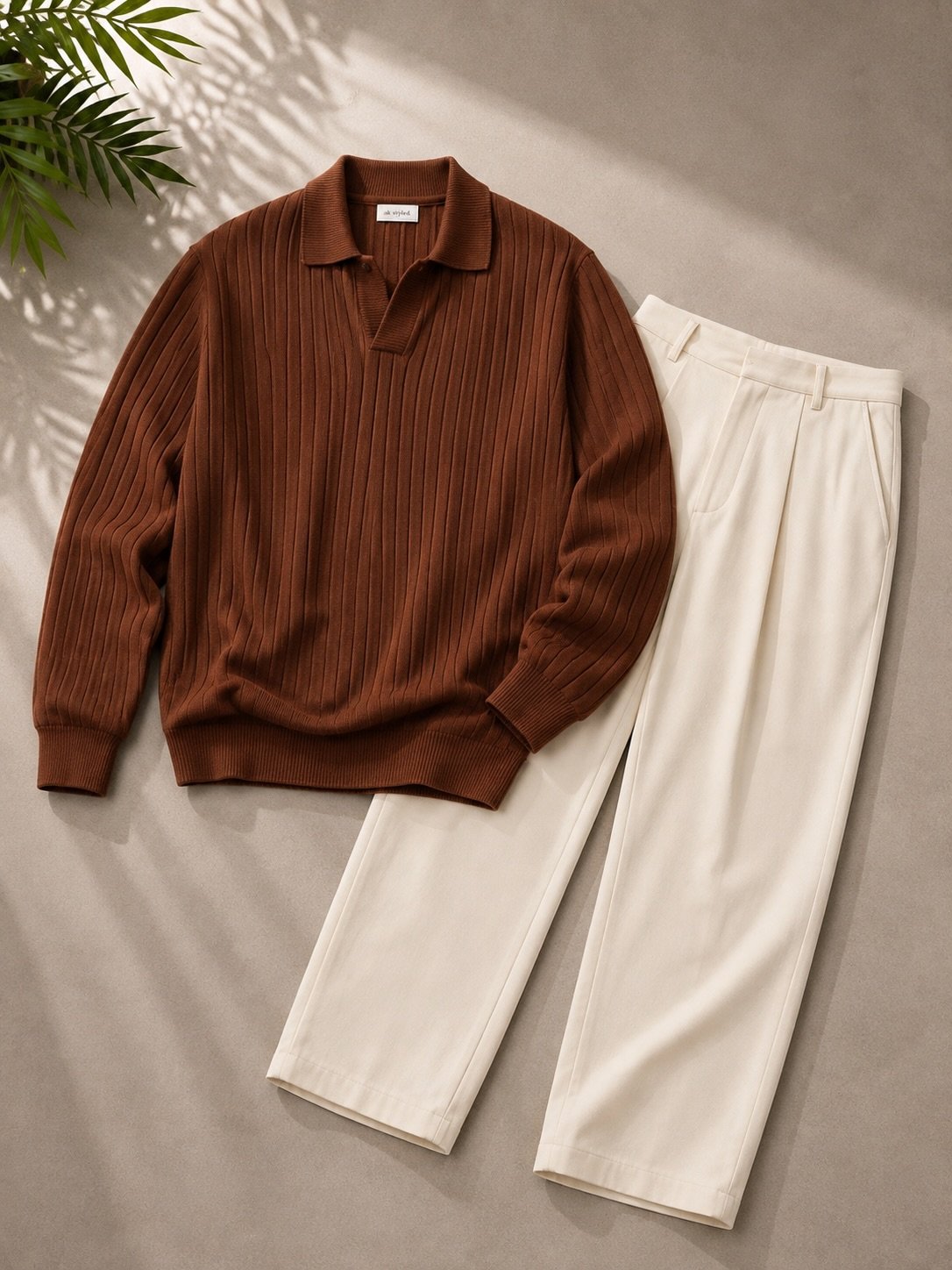Men's Premium Brown Ribbed Polo Sweater & Off-White Straight Fit Trouser Combo